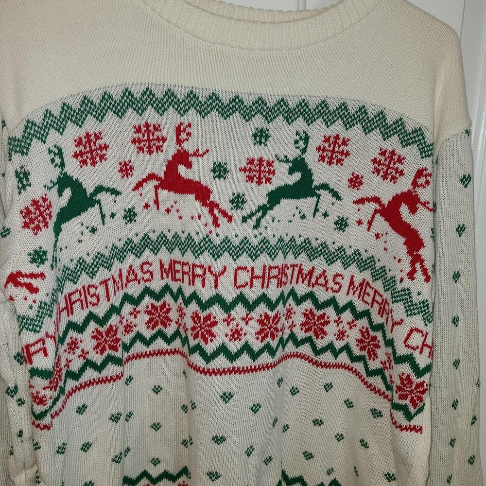 IML Women's Merry Christmas Long Sleeve Knit Sweater Cream Ugly‎ Party 2XL